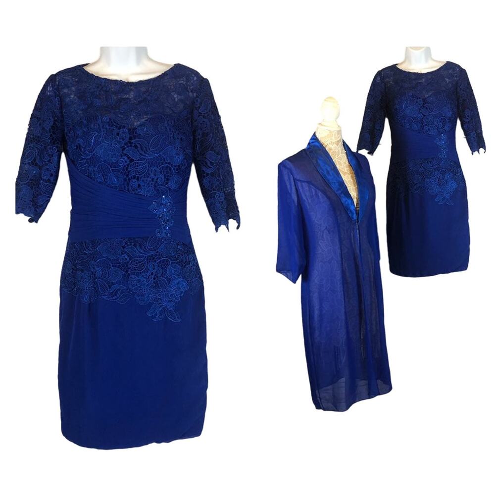 NWT Love Myth evening lace & ruched dress & sheer coat blue size small